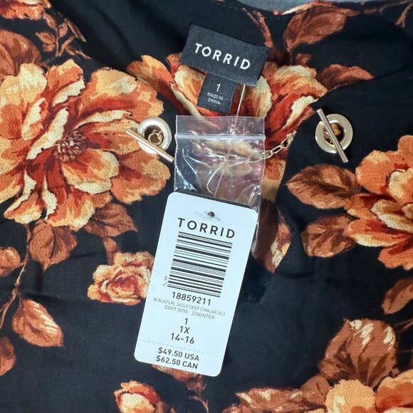 Torrid Womens Black Floral Crepe Chainlink 3/4 Sleeve Blouse Size 1X 14-16 - Picture 3 of 5